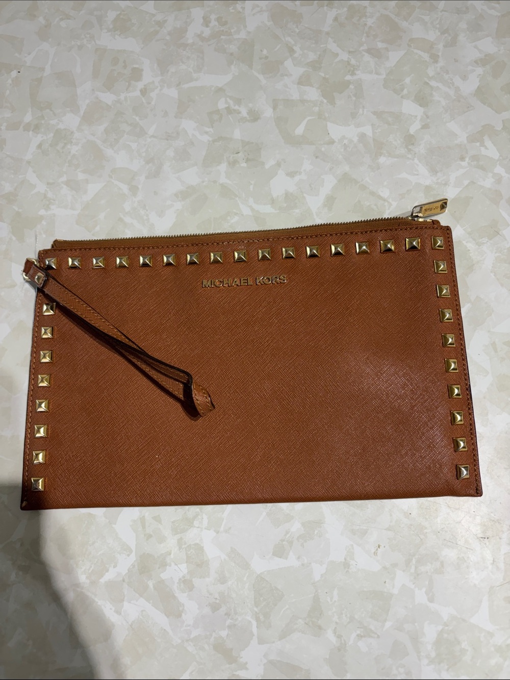 Michael Kors Tan Leather Studded Wristlet Clutch
